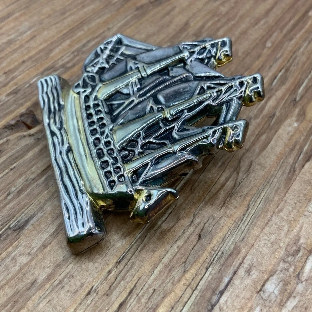 Pirate Ship Vintage Silver Gold Tone Tone Gasparilla Themed Pendant Brooch
